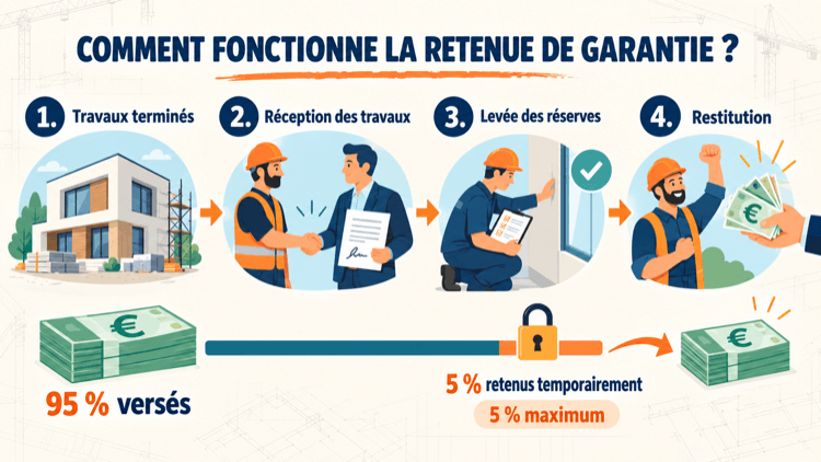 Infographie expliquant les étapes de la retenue de garantie dans le BTP, de la réception des travaux à la restitution des 5 %.